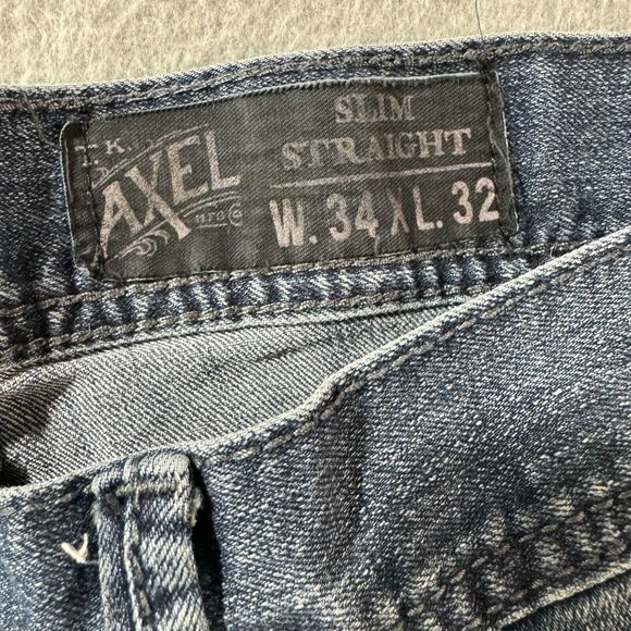 TK Axel Jeans Mens 34x32 Blue Straight Cut Denim Pants Thick Stitch Embroidered - Picture 9 of 13